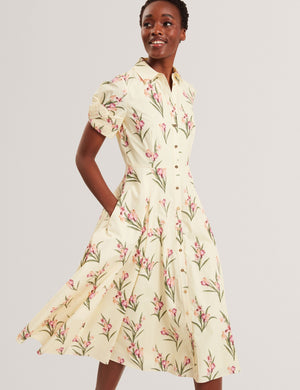 BALLOON SHORT SLEEVE BUTTON UP SHIRT DRESS | TRANSPARENT YELLOW