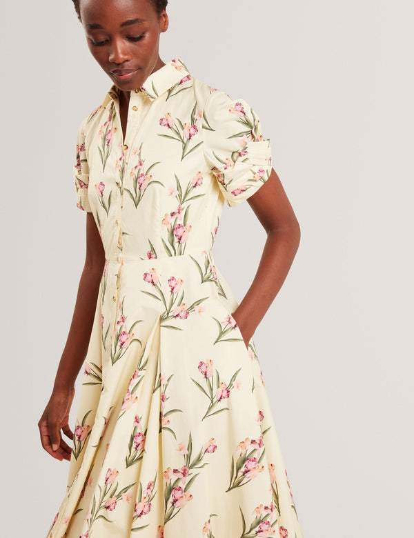 BALLOON SHORT SLEEVE BUTTON UP SHIRT DRESS | TRANSPARENT YELLOW