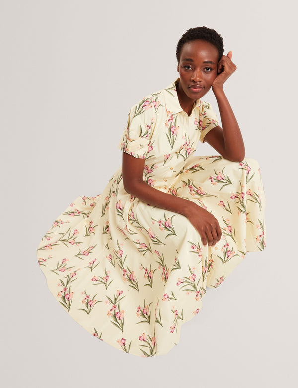 BALLOON SHORT SLEEVE BUTTON UP SHIRT DRESS | TRANSPARENT YELLOW