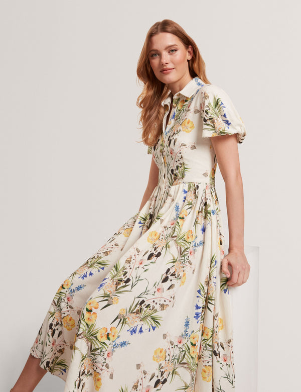 BALLOON SLEEVE BUTTON UP SHIRT DRESS | ULTRA WHITE