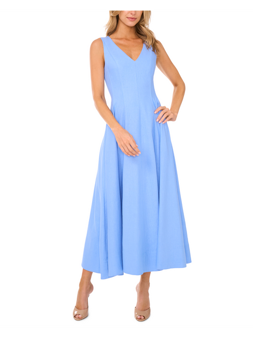 SLEEVELESS V NECK PLEATED MAXI DRESS | HYDRANGEA