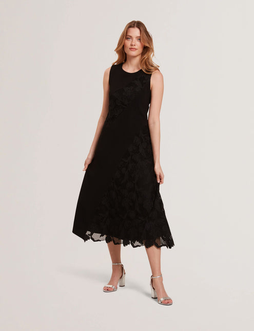 SLEEVELESS LACE APPLIQUE MIDI DRESS | BLACK