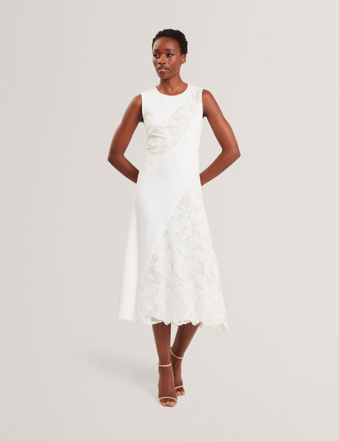 SLEEVELESS LACE APPLIQUE MIDI DRESS | ULTRA WHITE