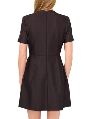 Black | Short Sleeve Floral Pleated Mini Dress