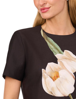 SHORT SLEEVE FLORAL PLEATED MINI DRESS | BLACK