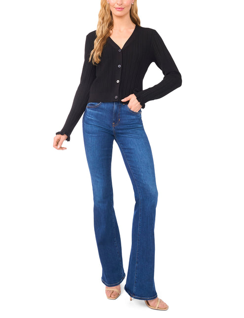 V-NECK CROP CARDIGAN WITH RIB | RICH BLACK