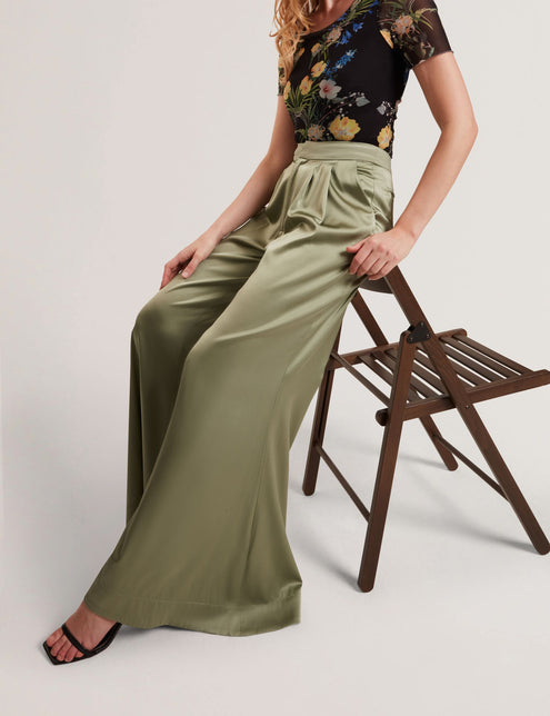 SILK WIDE LEG BELTED TUCK PANT | DESERT SAGE