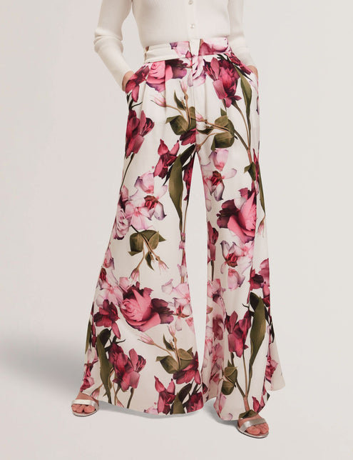 FLORAL SATIN FLOWY PANT | WHITE