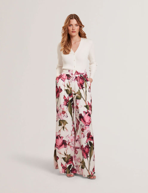 FLORAL SATIN FLOWY PANT | WHITE