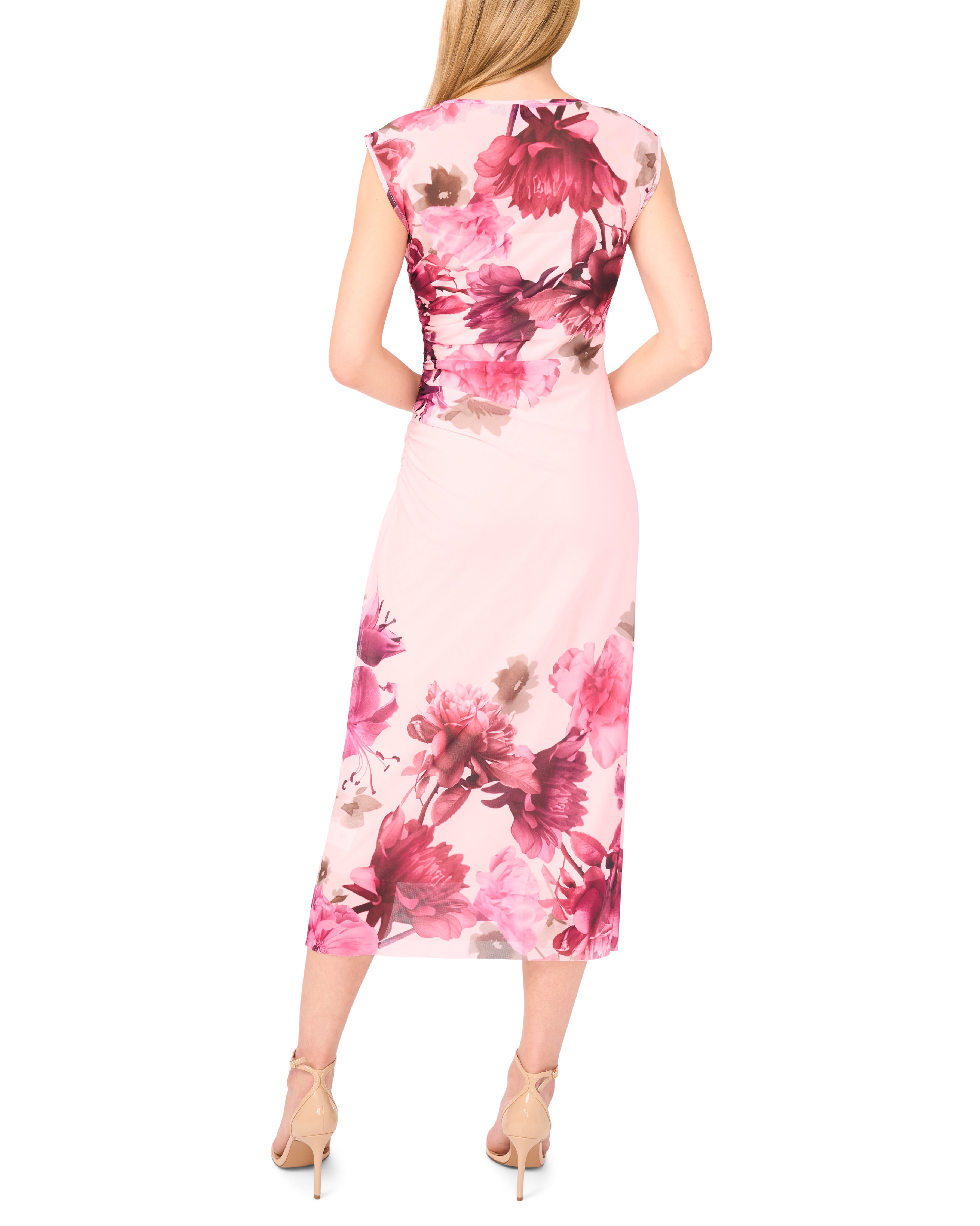 Pink Floral Print Mesh Column Midi Dress