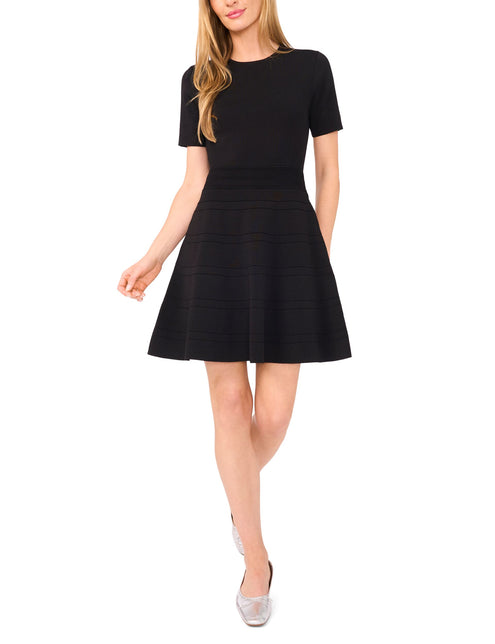 SHORT SLEEVE CREW NECK FLARE MINI DRESS  | RICH BLACK