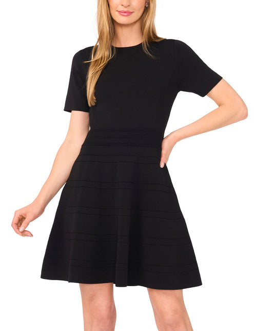 SHORT SLEEVE CREW NECK FLARE MINI DRESS  | RICH BLACK
