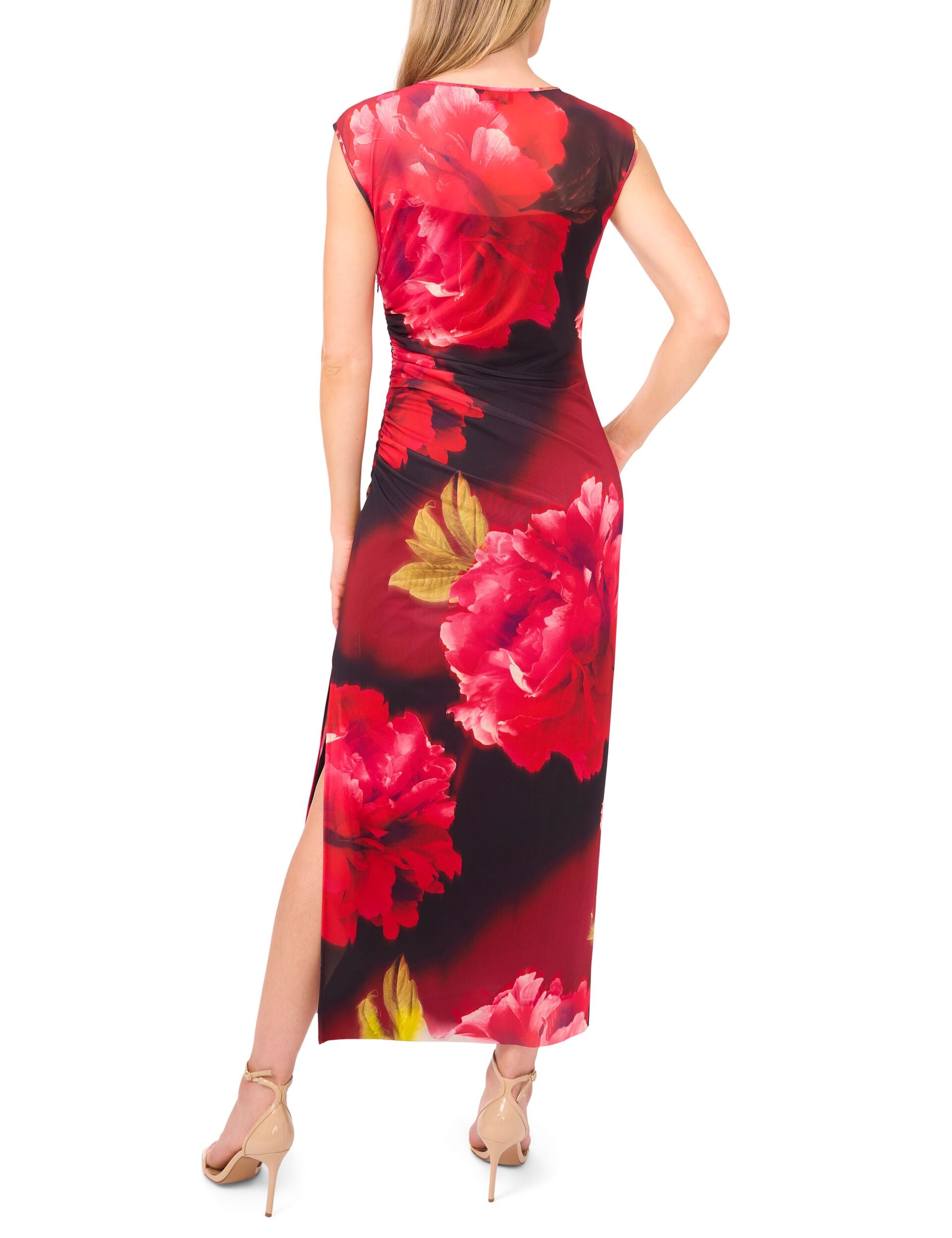 Red Floral Print Mesh Column Midi Dress