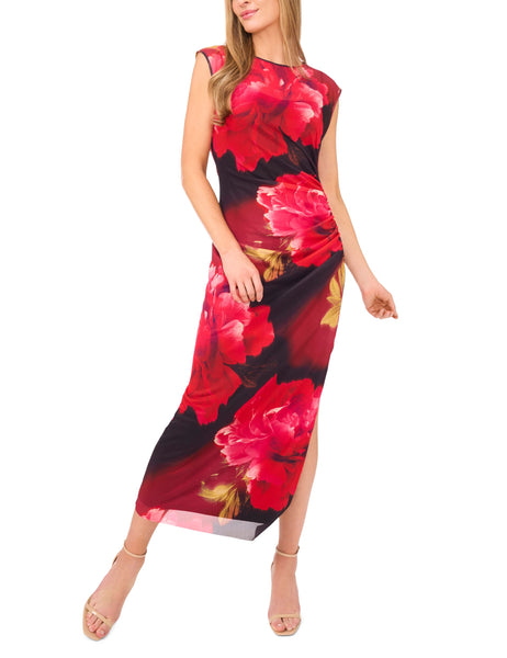 Red Floral Print Mesh Column Midi Dress