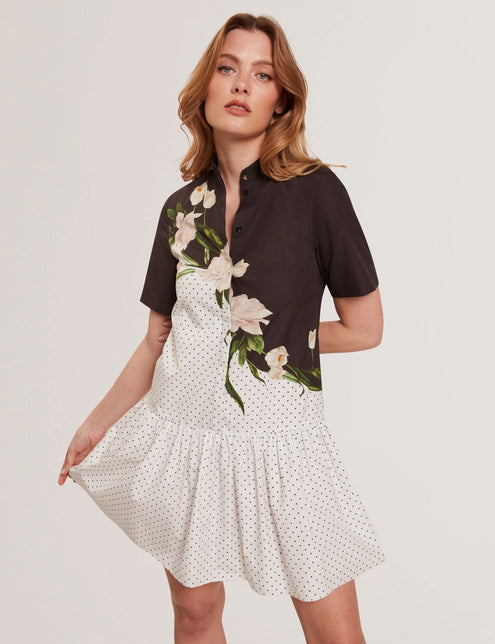SHORT SLEEVE DROP WAIST SHIRT DRESS | WHITE