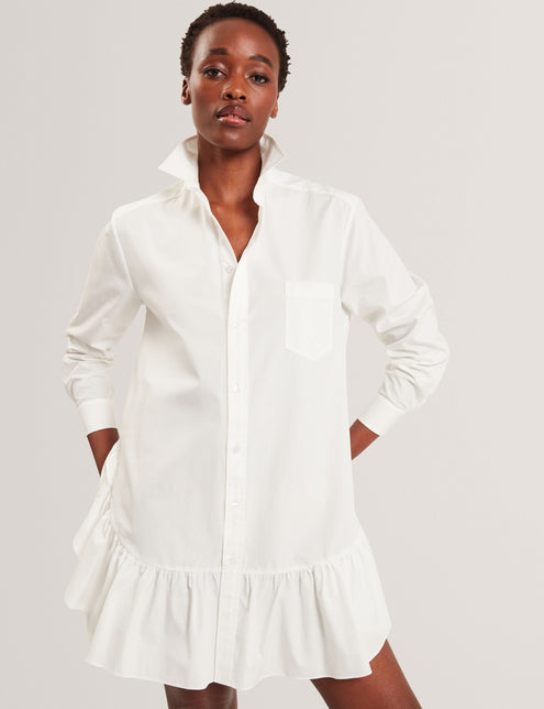 LONG SLEEVE RUFFLE SHIRT DRESS | WHITE