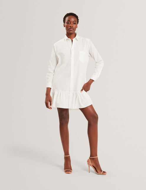 LONG SLEEVE RUFFLE SHIRT DRESS | WHITE