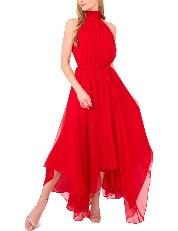 HALTER NECK HANKERCHIEF HEM MIDI DRESS | RED