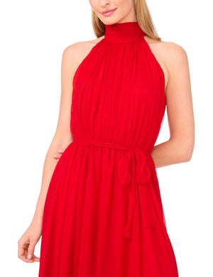 HALTER NECK HANKERCHIEF HEM MIDI DRESS | RED
