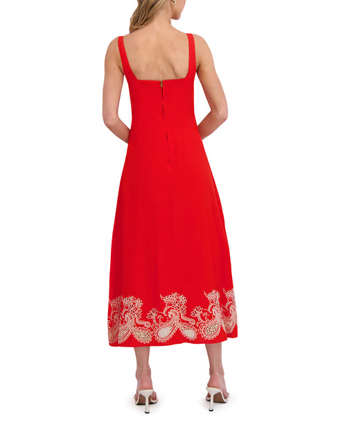 EMBROIDERY DETAIL MIDI DRESS | FLAME SCARLET