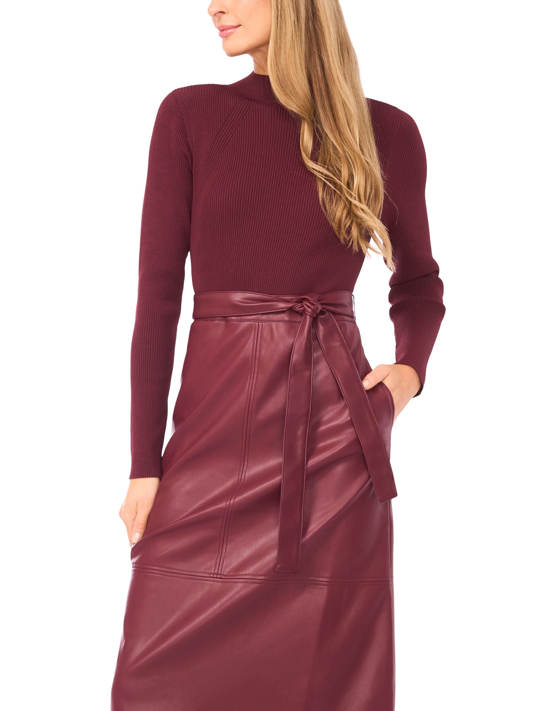 Mock Neck Midi Dress With Faux Leather Skirt | Oneida | Ted Baker US Mock Neck Midi Dress With Faux Leather Skirt | Oneida | Ted Baker US