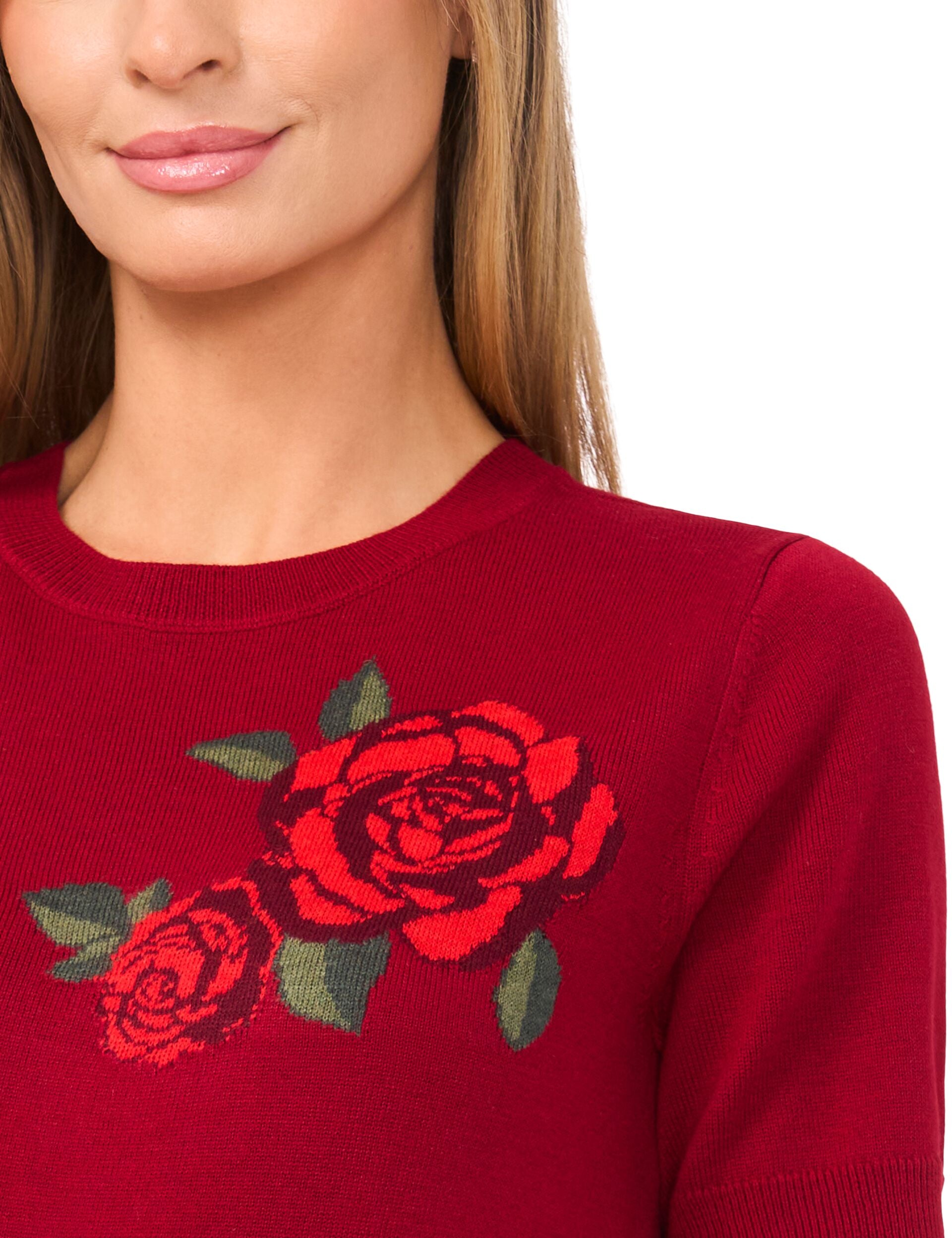 Red Short Sleeve Crew Neck With Rose Jacquard | Nora | Ted Baker US