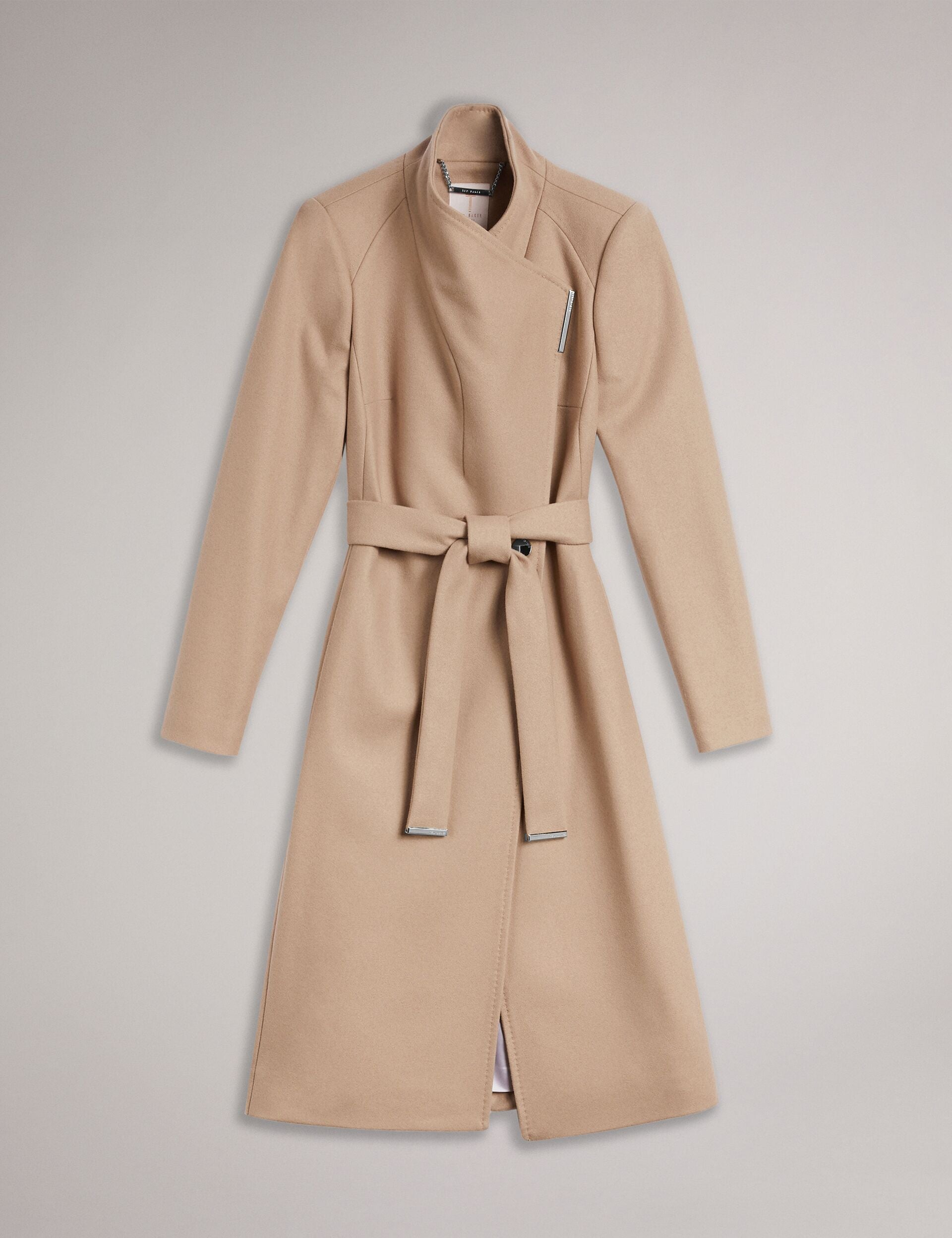 ROSE Midi Length Belted Wool Wrap Coat in Camel - Main Image