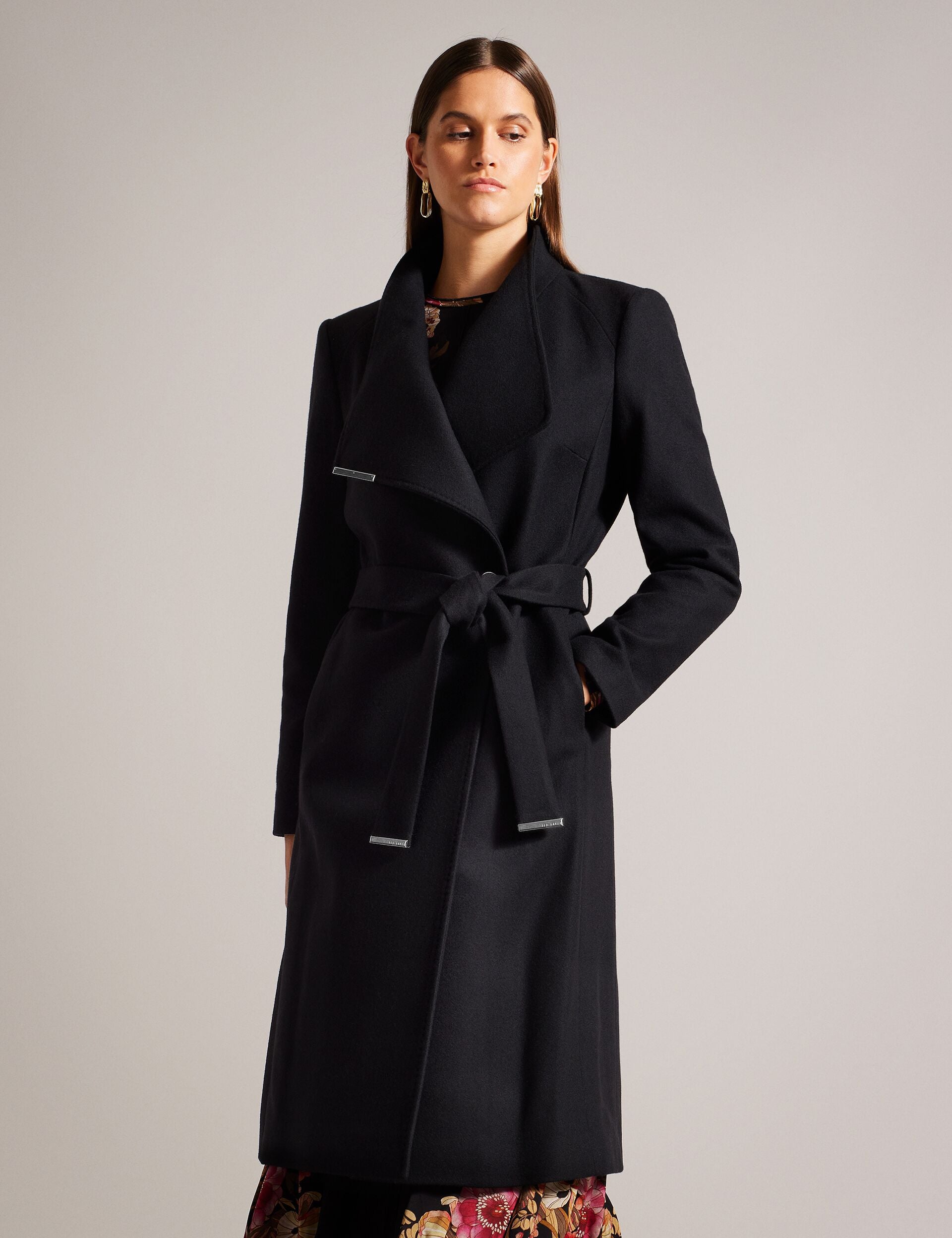 Black Midi Length Belted Wool Wrap Coat | Roseo | Ted Baker US