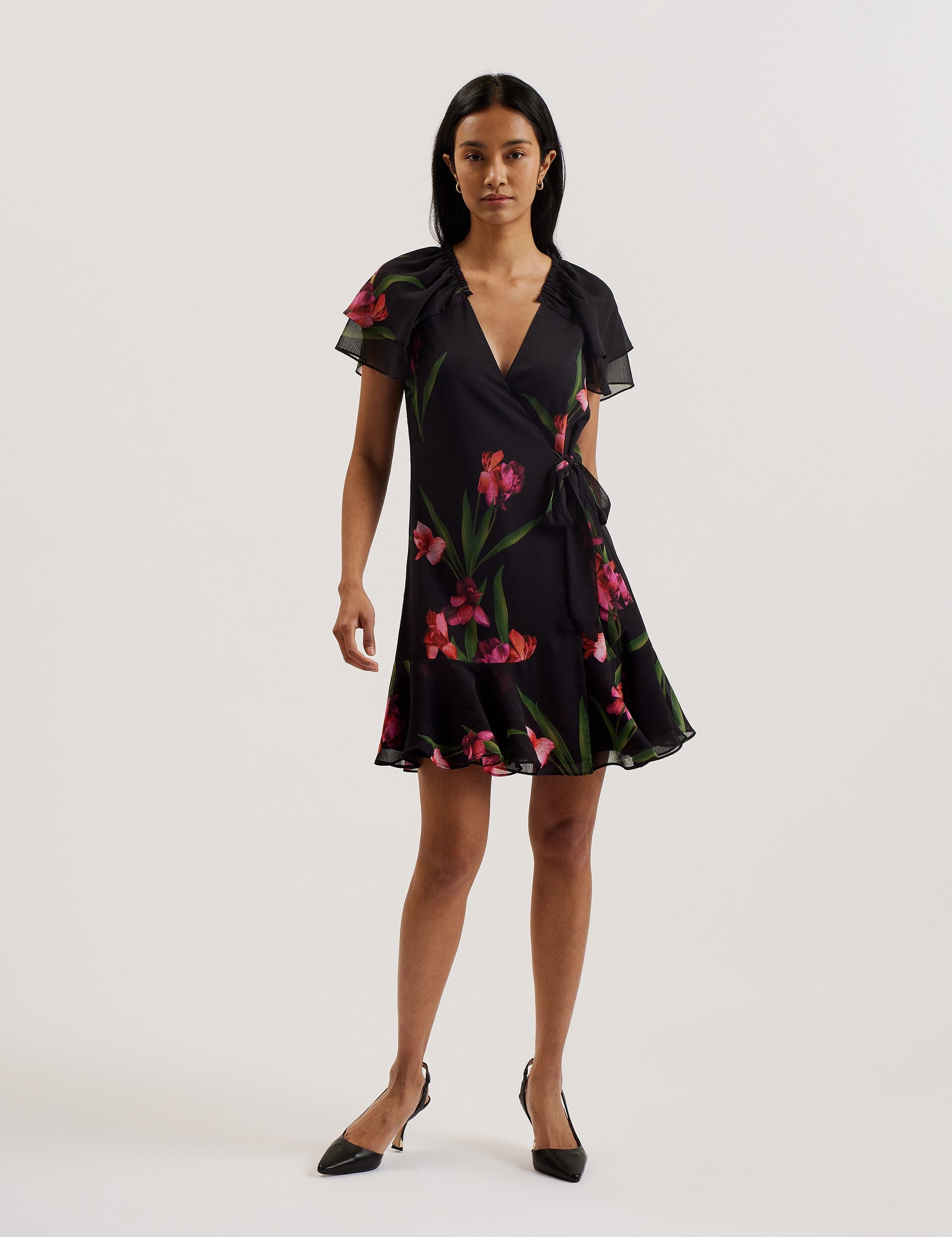FASNIA - Floral Angel Sleeve Wrap Mini Dress FASNIA - Floral Angel Sleeve Wrap Mini Dress