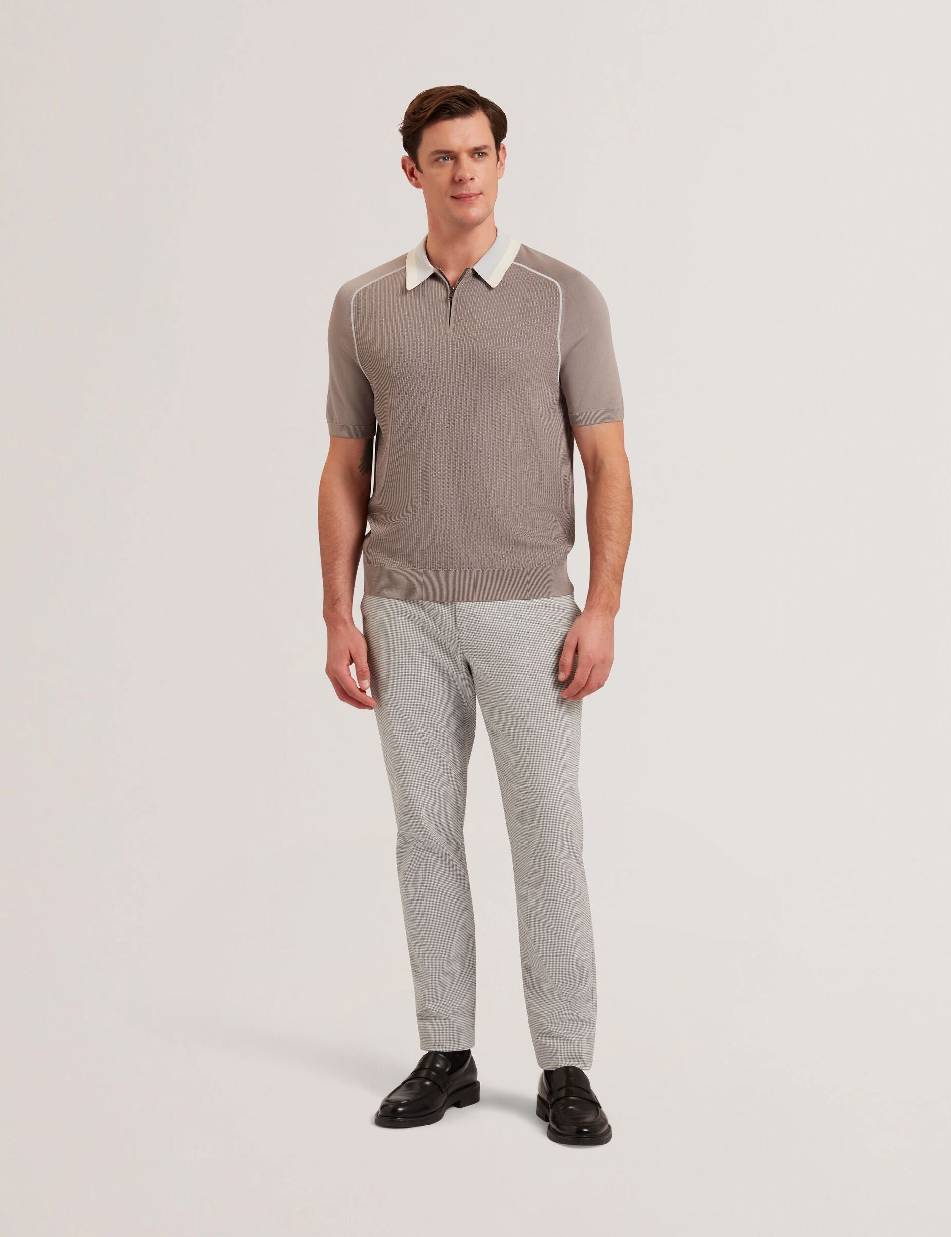 Grey Textured Zip Polo With Striped Collar | Paxto | Ted Baker US