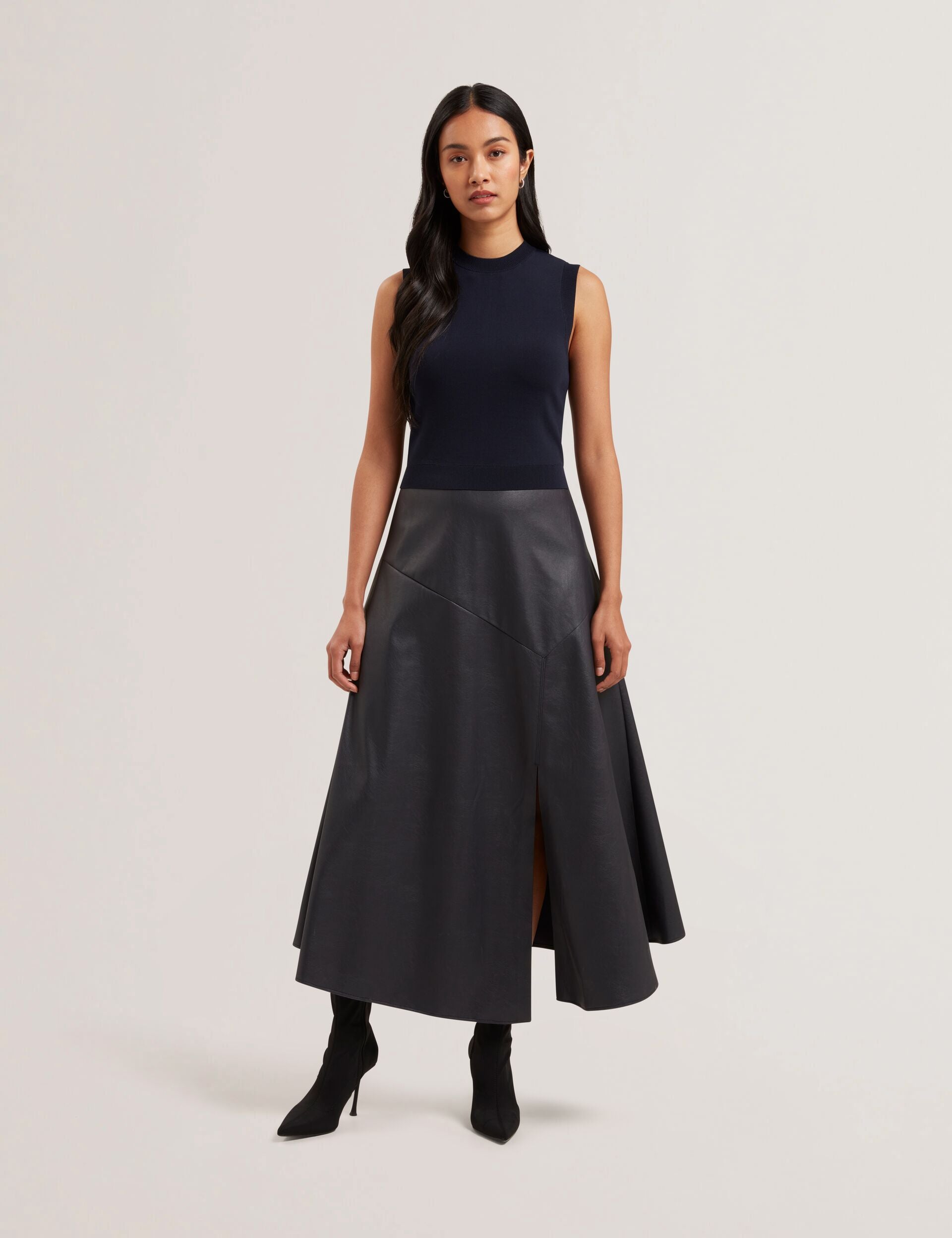 Sleeveless Knit Faux Leather Midi Dress | Labasa