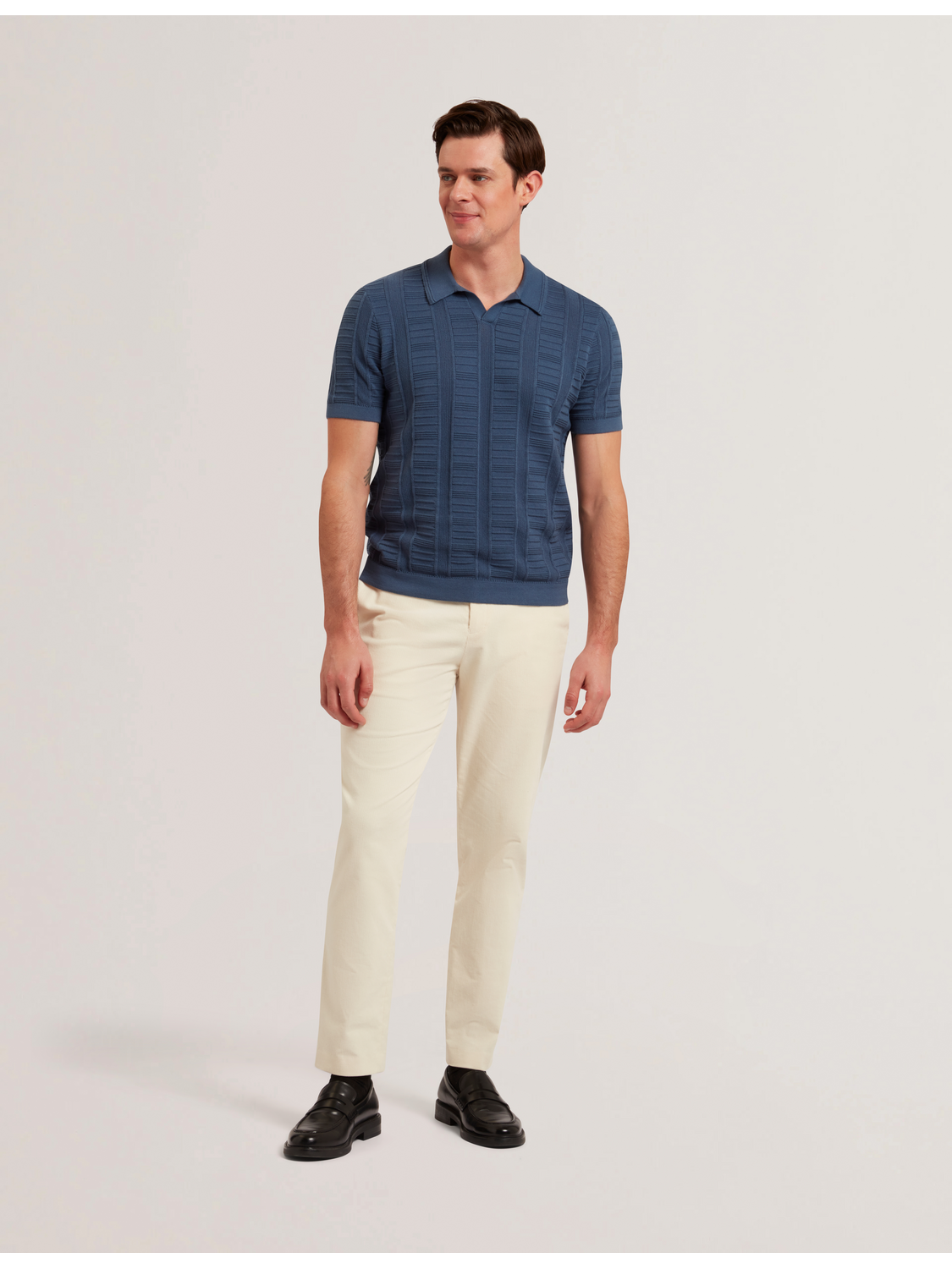Dark Blue Textured Stripe Open Neck Knitted Polo Shirt | Ruzza Dark Blue Textured Stripe Open Neck Knitted Polo Shirt | Ruzza