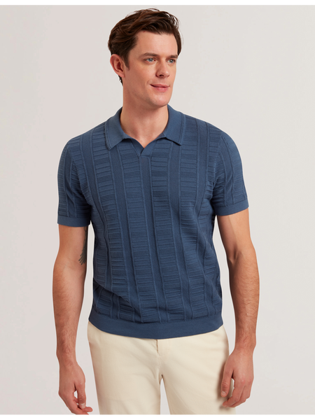 Dark Blue Textured Stripe Open Neck Knitted Polo Shirt | Ruzza Dark Blue Textured Stripe Open Neck Knitted Polo Shirt | Ruzza