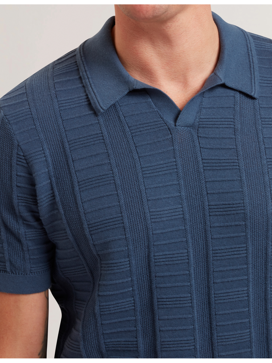 Dark Blue Textured Stripe Open Neck Knitted Polo Shirt | Ruzza Dark Blue Textured Stripe Open Neck Knitted Polo Shirt | Ruzza