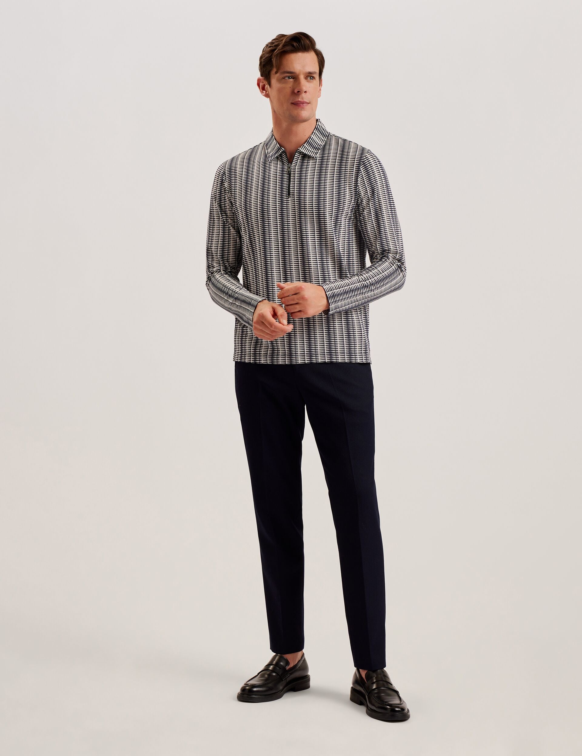 Navy Long Sleeve Geo Stripe Zip Polo Shirt | Capuzzo | Ted Baker US