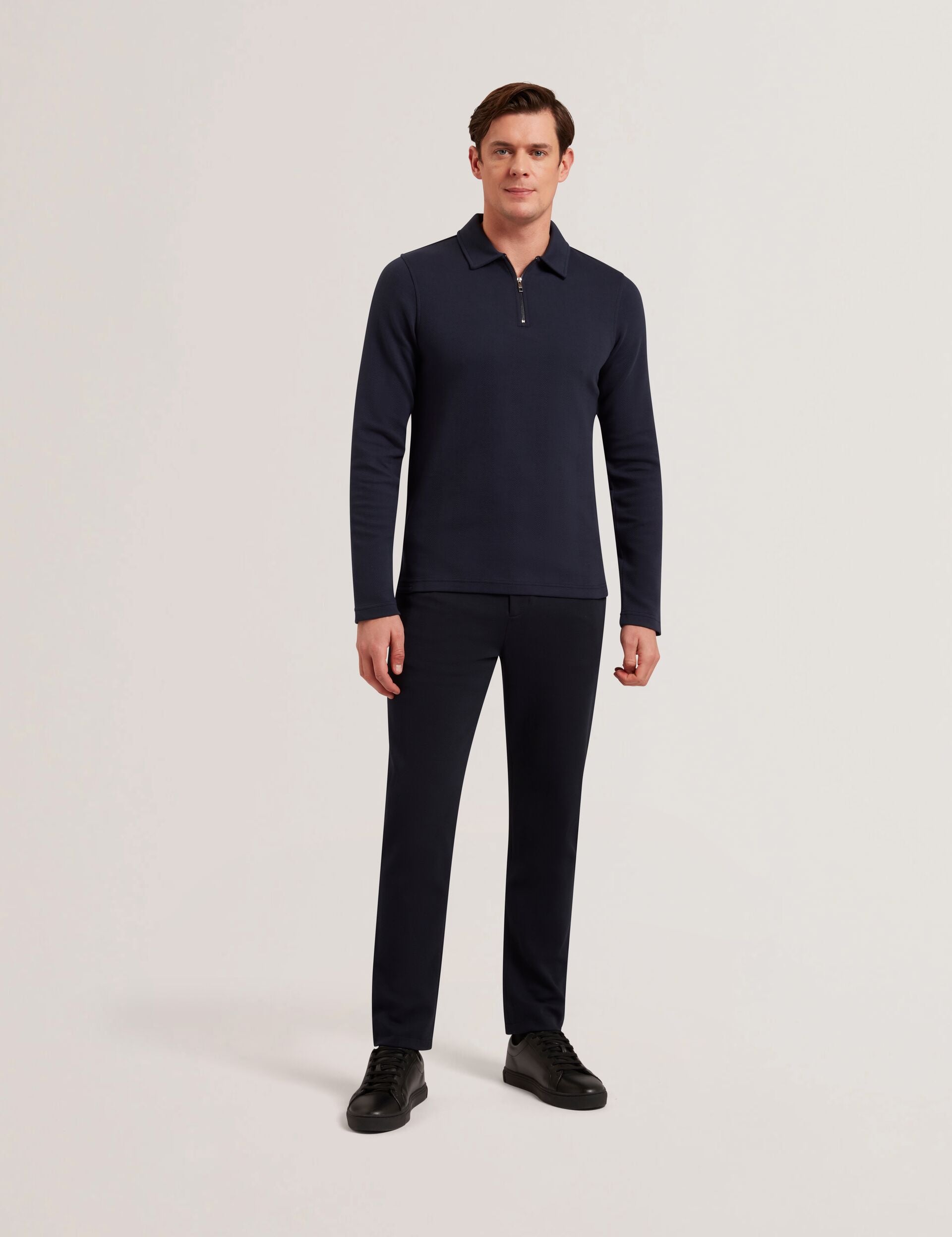 Herringbone Zip Neck Long Sleeve Polo | Kalend | Ted Baker US