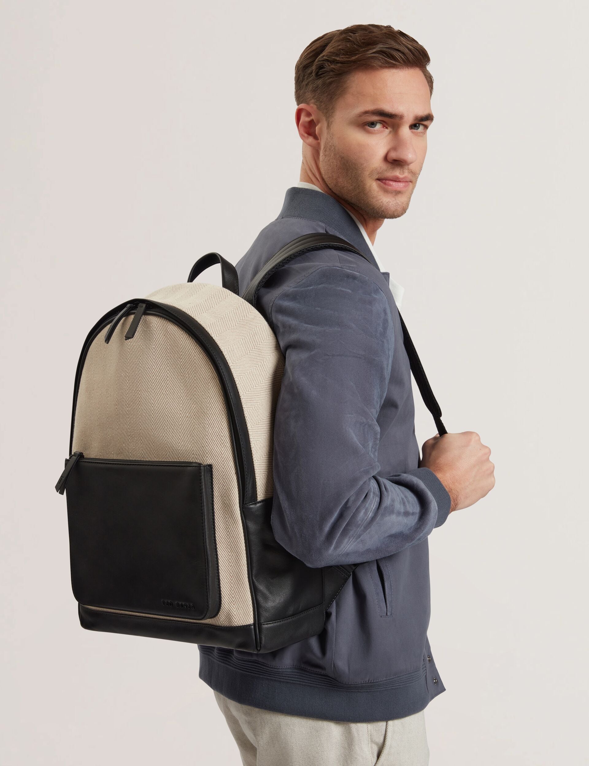 Natural Herringbone Canvas Leather Trim Backpack Caiileb Ted