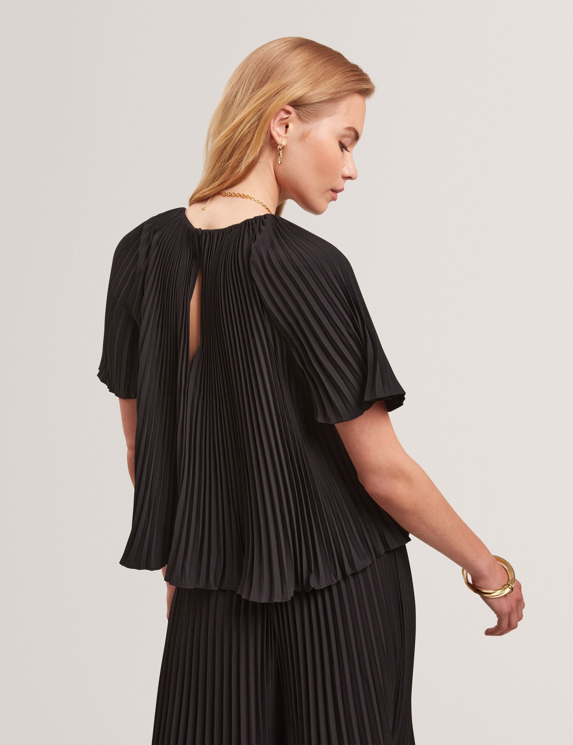 Black Pleated Flowy Short Sleeve Blouse | AGARA | Ted Baker