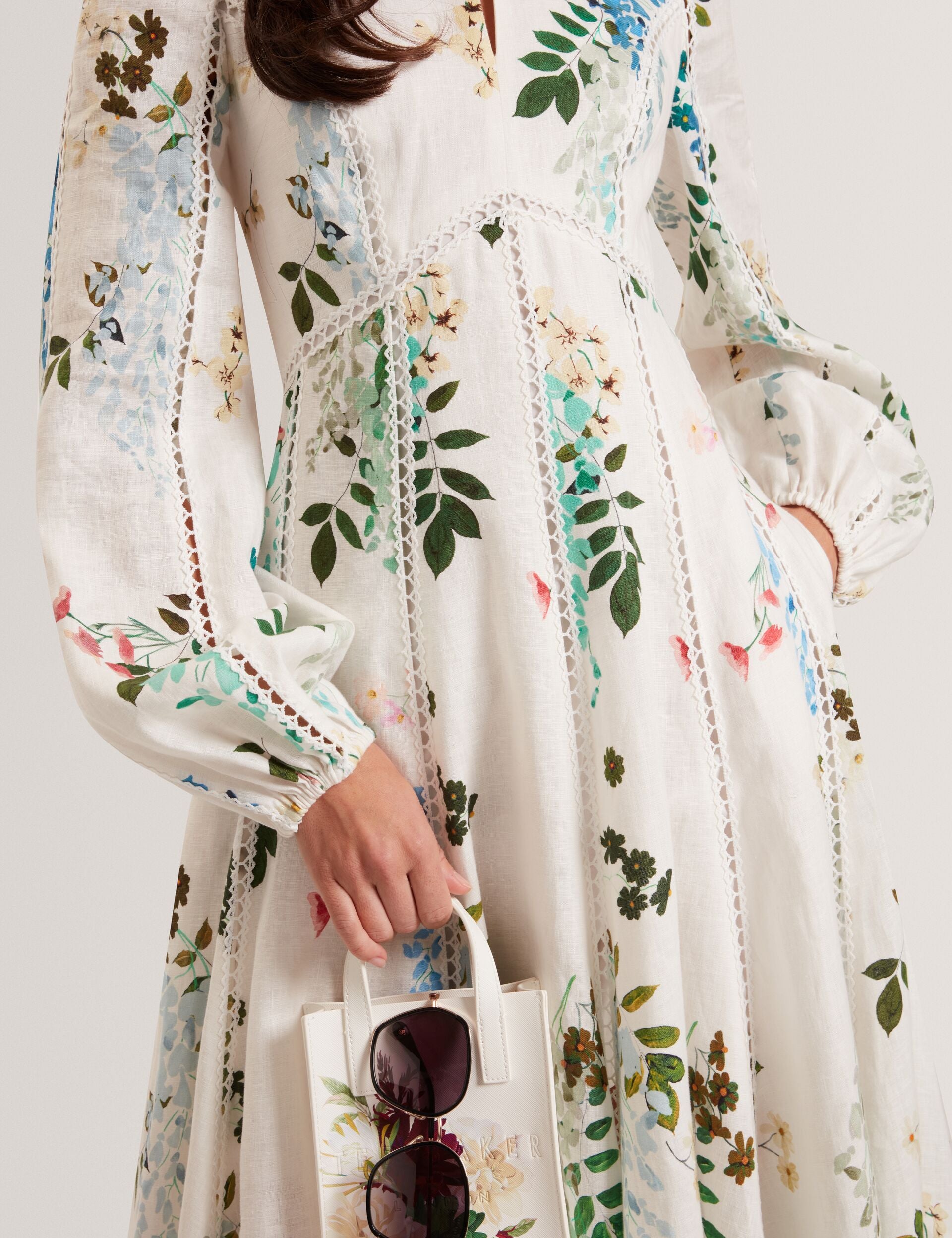 White Floral Crochet Trim Linen Midi Dress | Utala | Ted Baker IE White Floral Crochet Trim Linen Midi Dress | Utala | Ted Baker IE