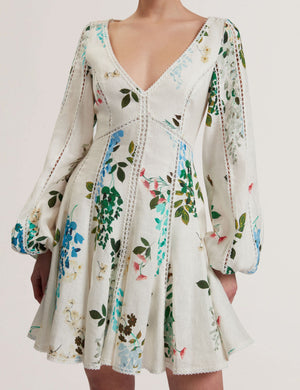 BELVIDA - Floral Crochet Trim Linen Mini Dress BELVIDA - Floral Crochet Trim Linen Mini Dress