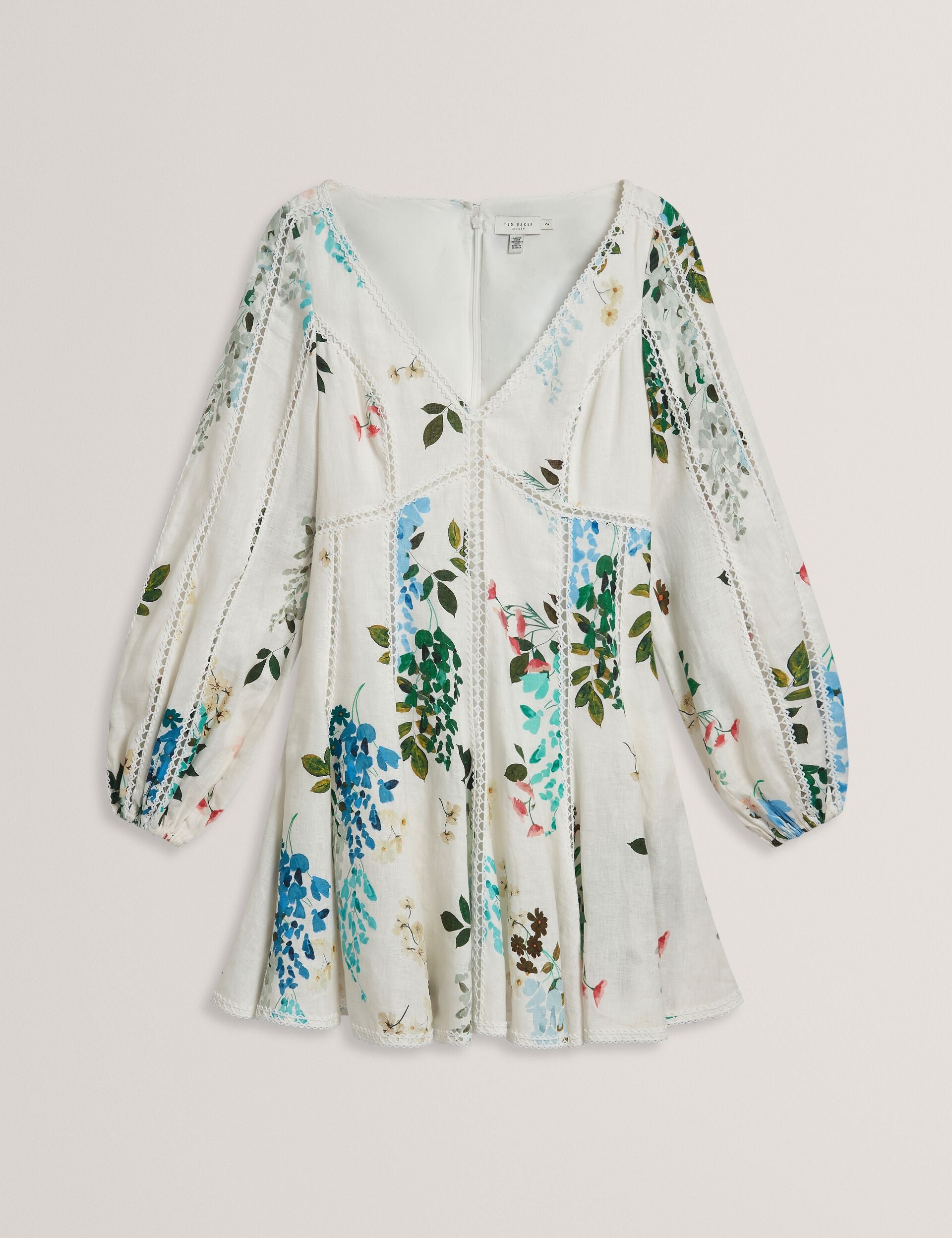 BELVIDA - Floral Crochet Trim Linen Mini Dress BELVIDA - Floral Crochet Trim Linen Mini Dress