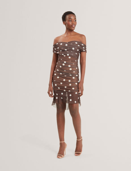 pink brown polka dot dress Brown | Polka Dot Double Frill Shirred Midi Dress main image 1