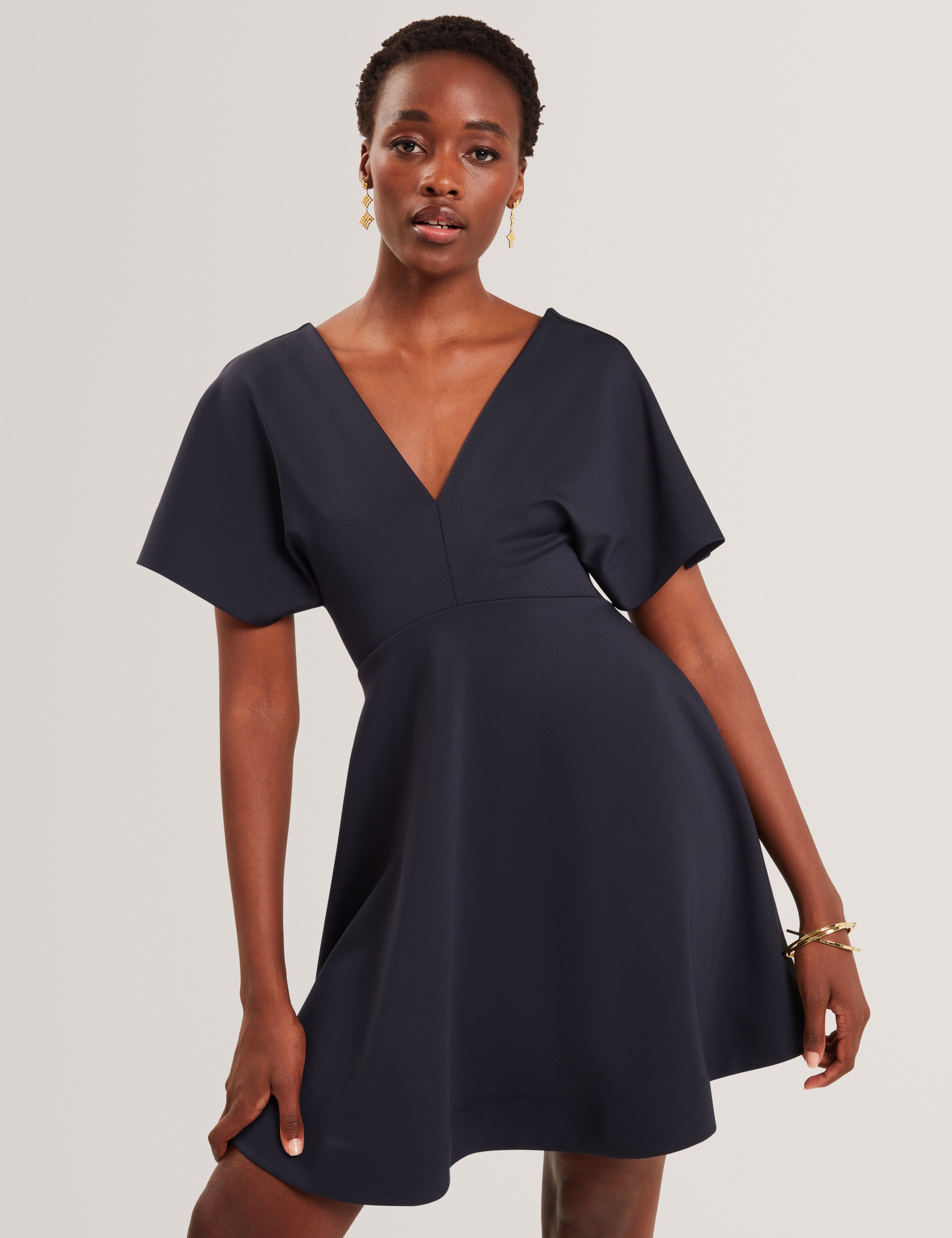 Flutter Sleeve V-neck Jersey Skater Dress | Catlnn