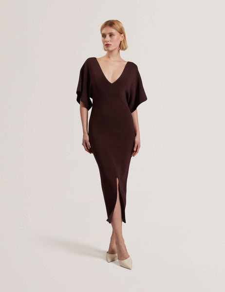 knee length dresses for ladies Dark Brown Wide Sleeve Knitted Bodycon Midi Dress | Rebexxa