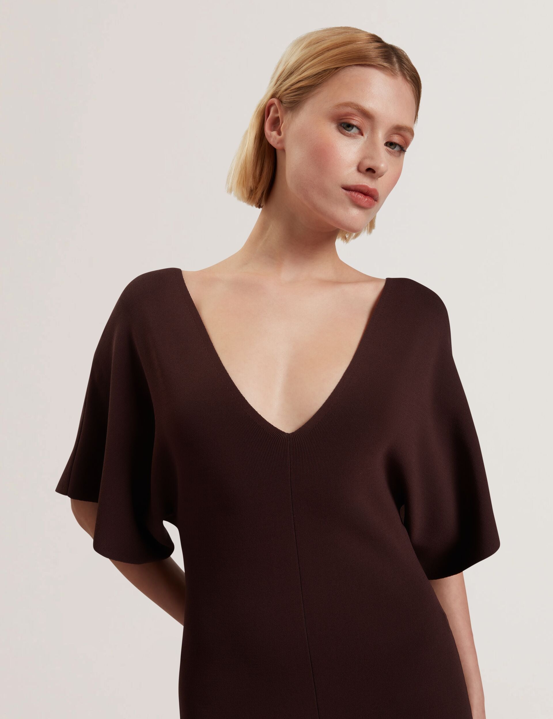 Dk-brown Wide Sleeve Knitted Bodycon Midi Dress | REBEXXA