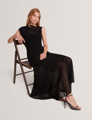 Black Sheer Detail Textured Knit Midaxi Dress | Celyina