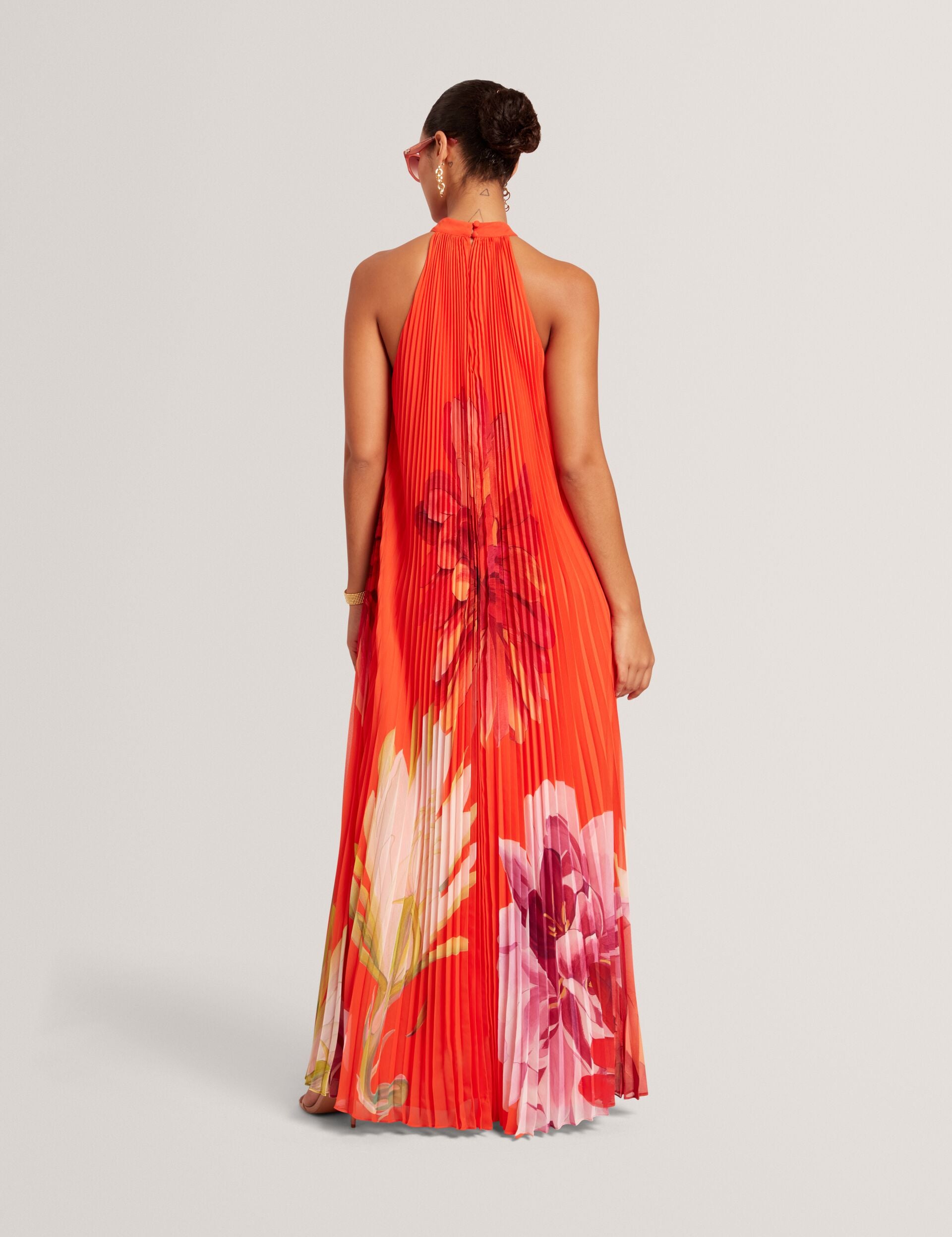 Orange Floral Halter Neck Pleated Chiffon Maxi Dress | Materva | Ted Baker UK Orange Floral Halter Neck Pleated Chiffon Maxi Dress | Materva | Ted Baker UK