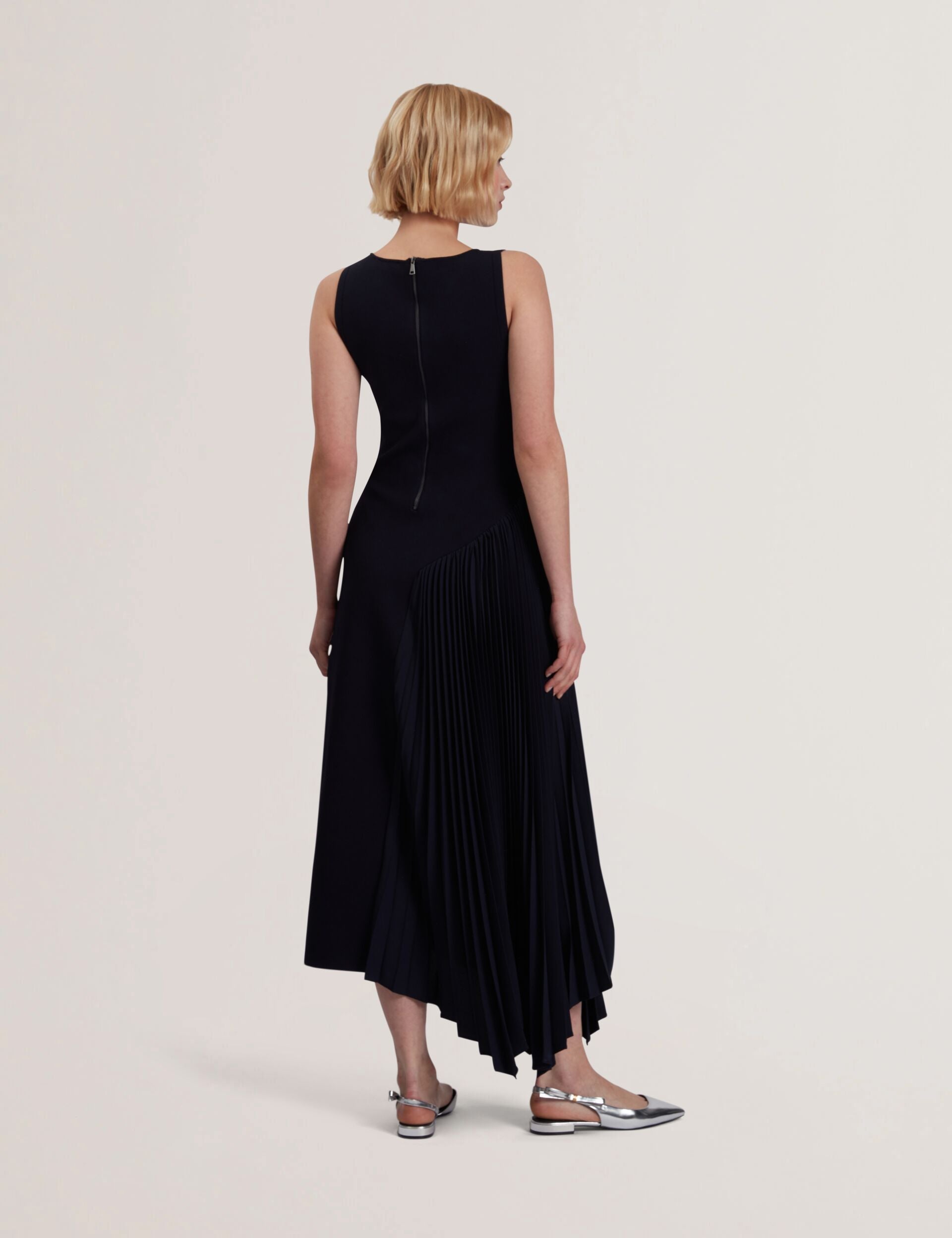 Navy Pleated Panel Sleeveless Knitted Midi Dress Azzina Ted