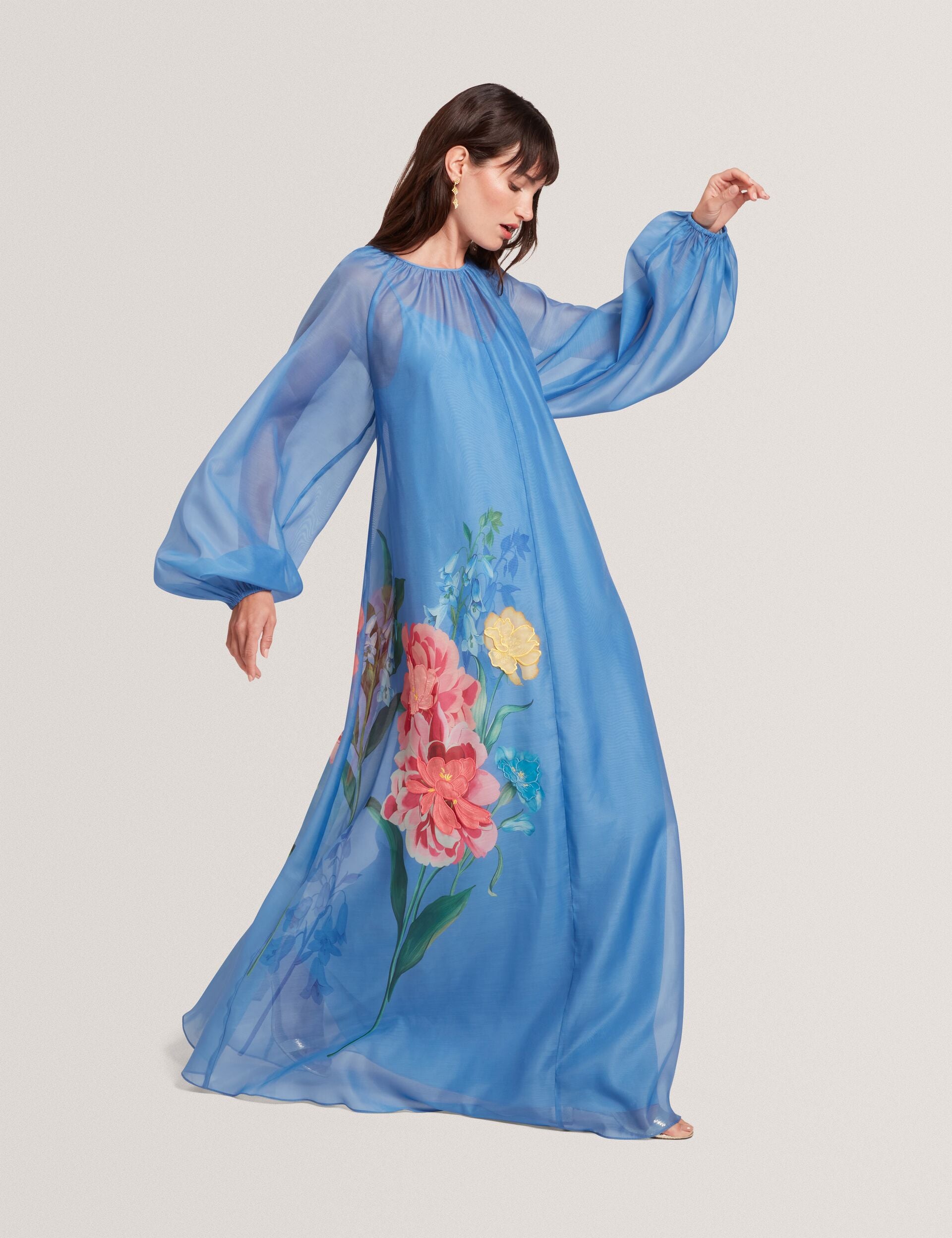 Mid-blue Volume Sleeve Organza Maxi Dress | NIICOH | Ted Baker