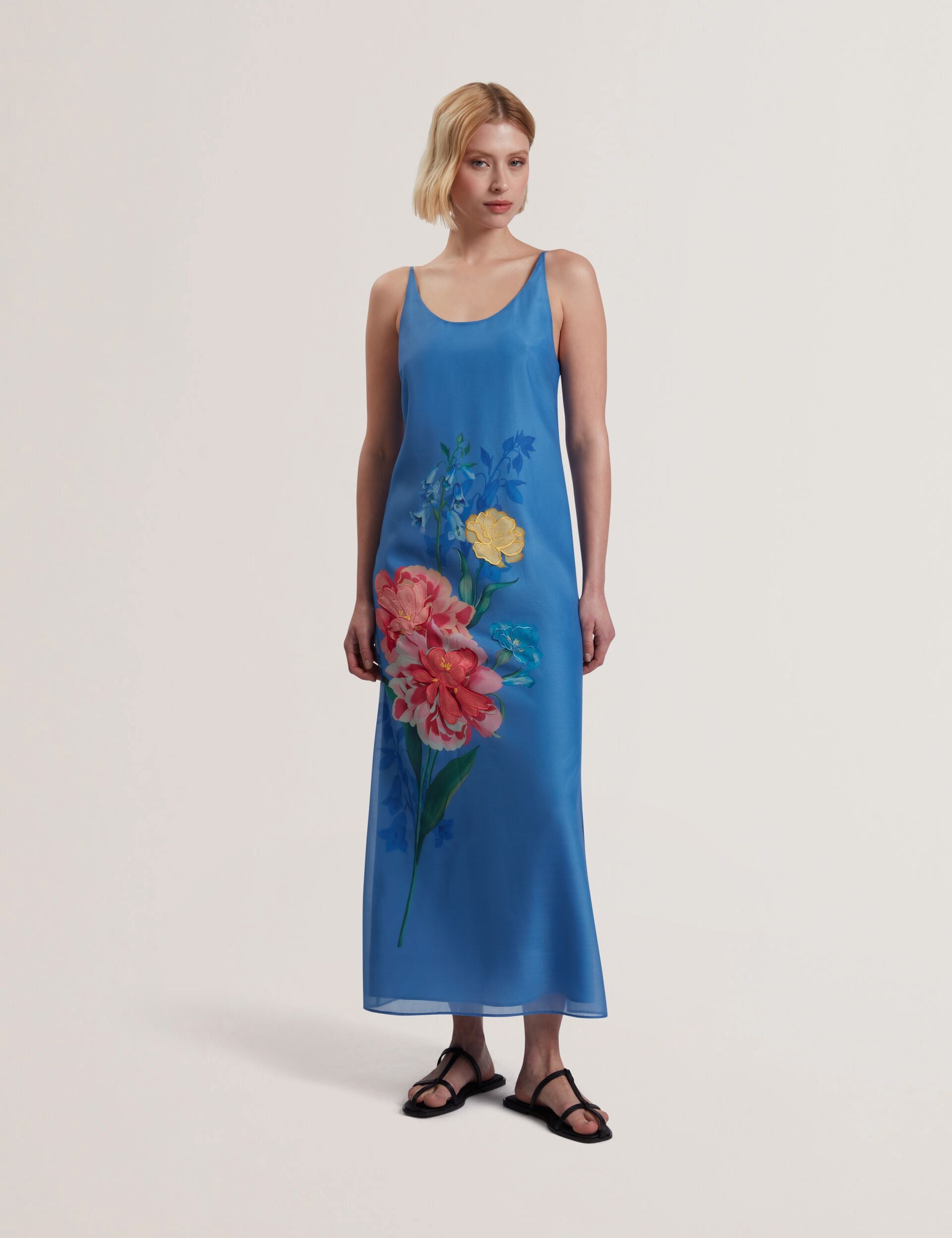 Mid Blue Floral Detail Organza Sleeveless Midi Dress | Fayda